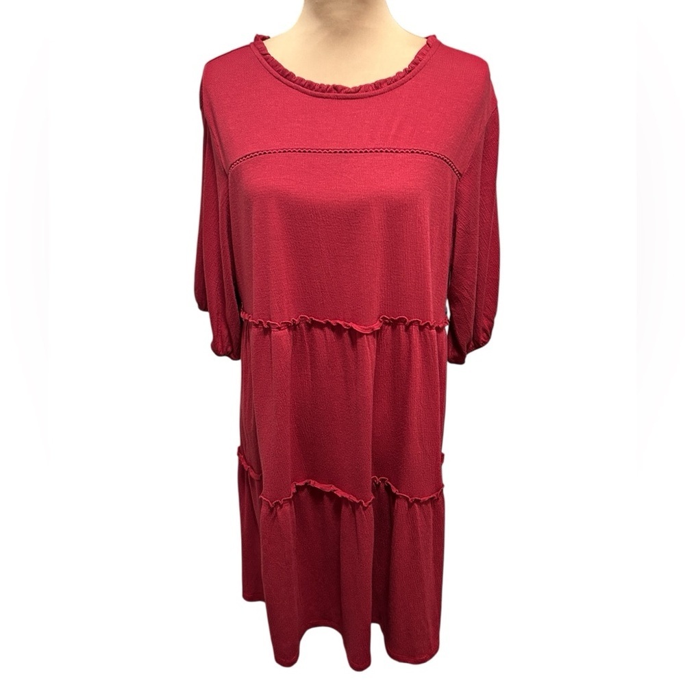 Knox Rose Rust Red Mini Dress Short Balloon Sleeves Tiered Keyhole Back Neck XXL